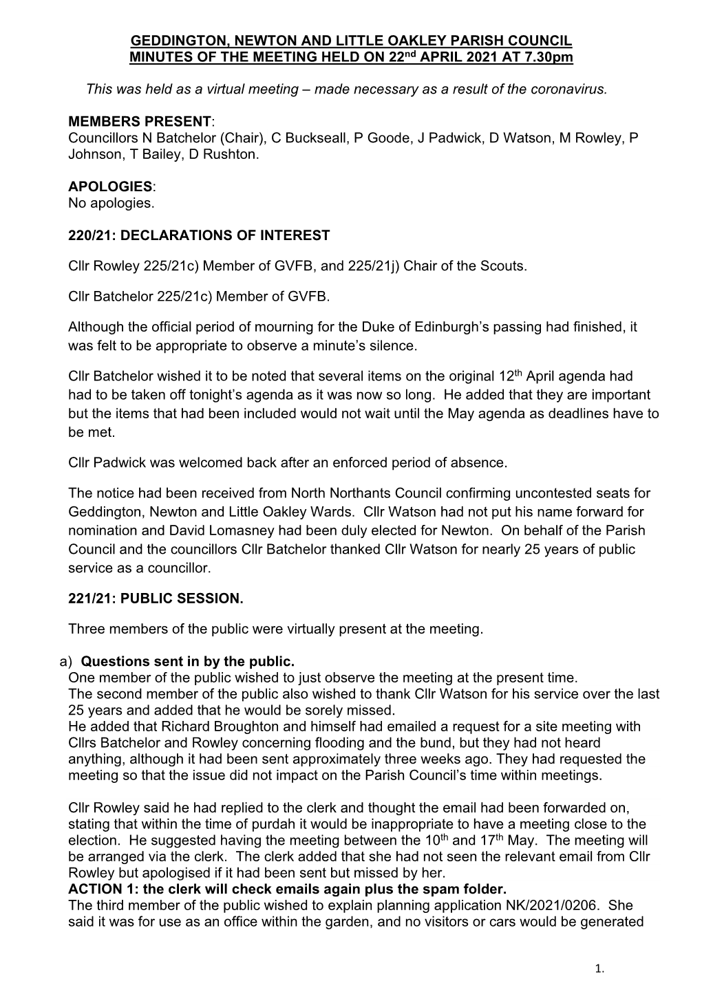GEDDINGTON, NEWTON and LITTLE OAKLEY PARISH COUNCIL MINUTES of the MEETING HELD on 22Nd APRIL 2021 at 7.30Pm
