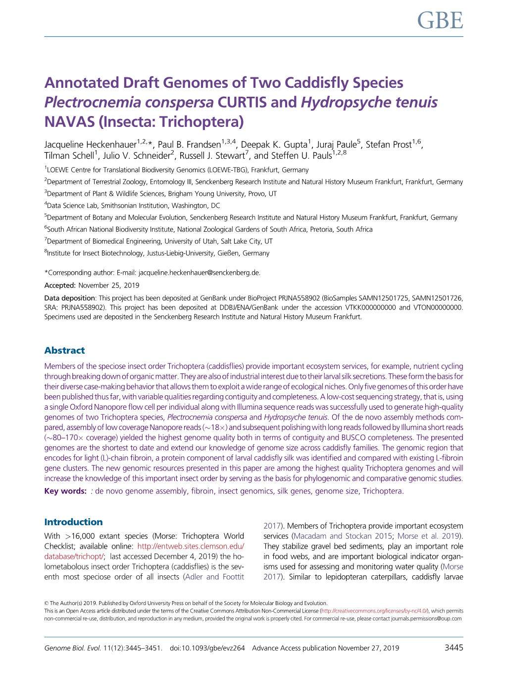 Annotated Draft Genomes of Two Caddisfly Species Plectrocnemia Conspersa CURTIS and Hydropsyche Tenuis NAVAS