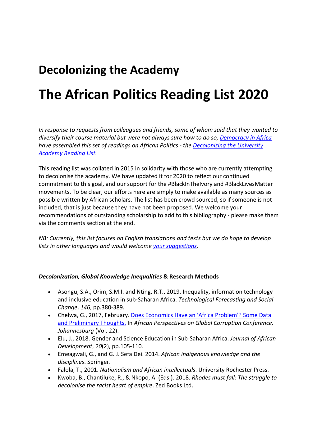 The African Politics Reading List 2020