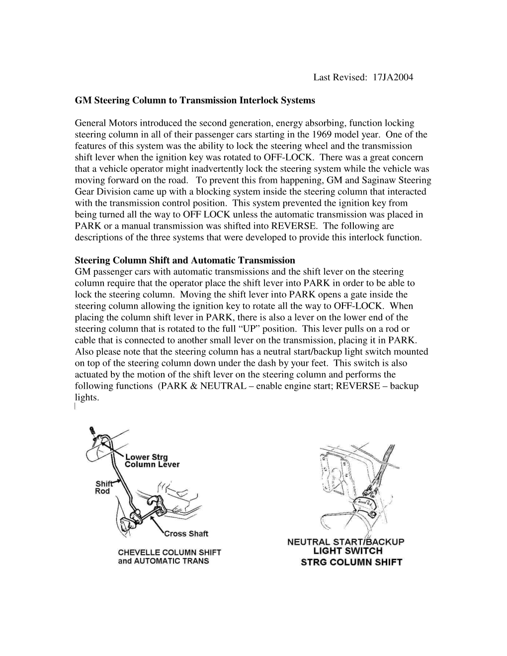 17JA2004 GM Steering Column to Transmission Interlock Systems