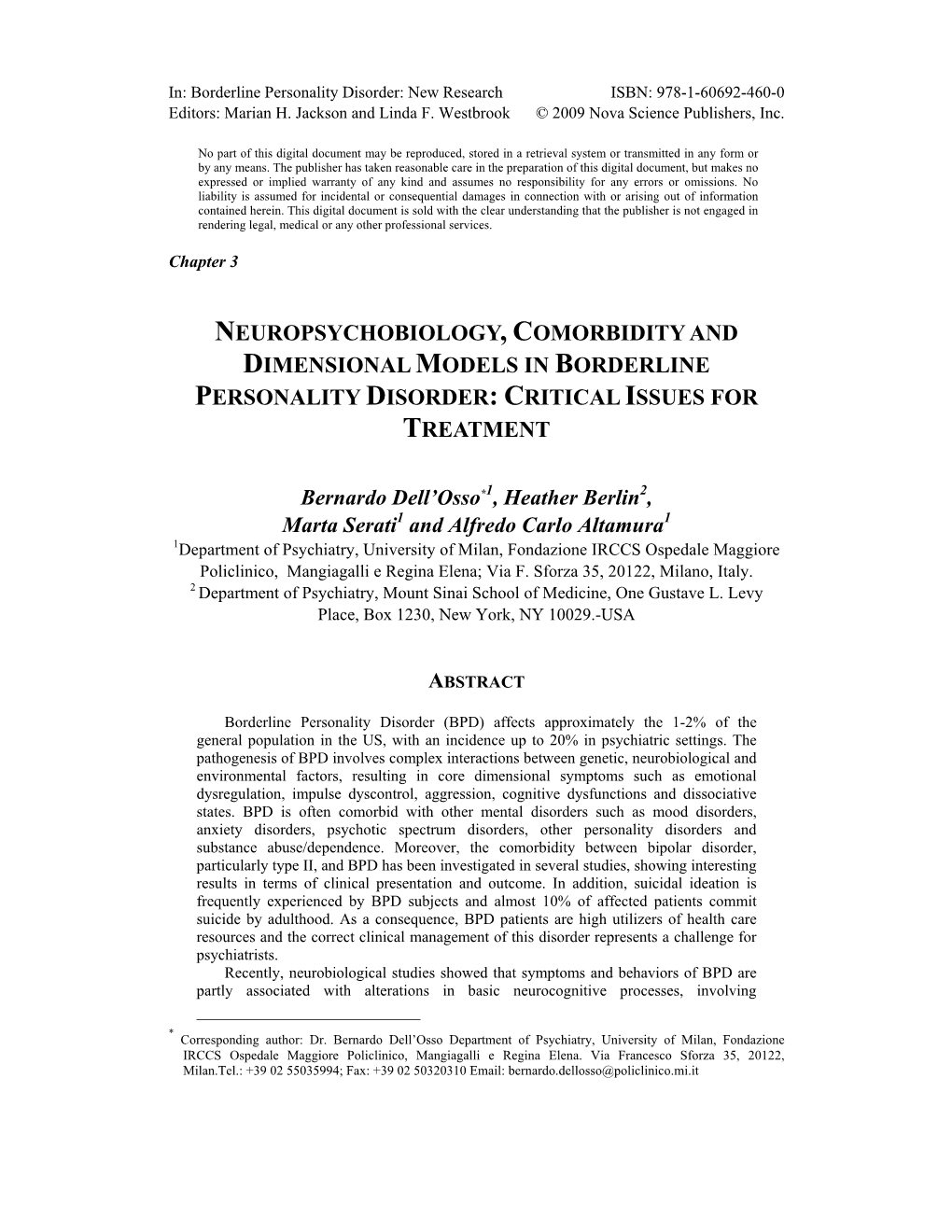 Neuropsychobiology, Comorbidity and Dimensional Models in Borderline Personality Disorder: Critical Issues for Treatment