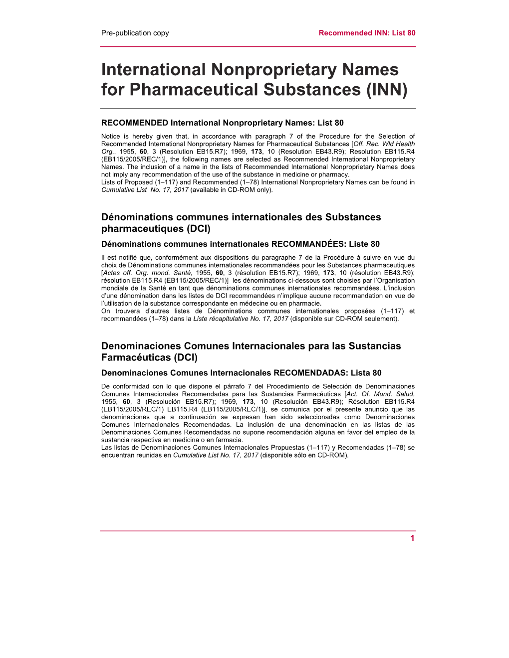 International Nonproprietary Names for Pharmaceutical Substances (INN)