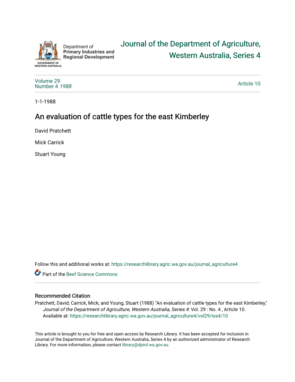 An Evaluation of Cattle Types for the East Kimberley