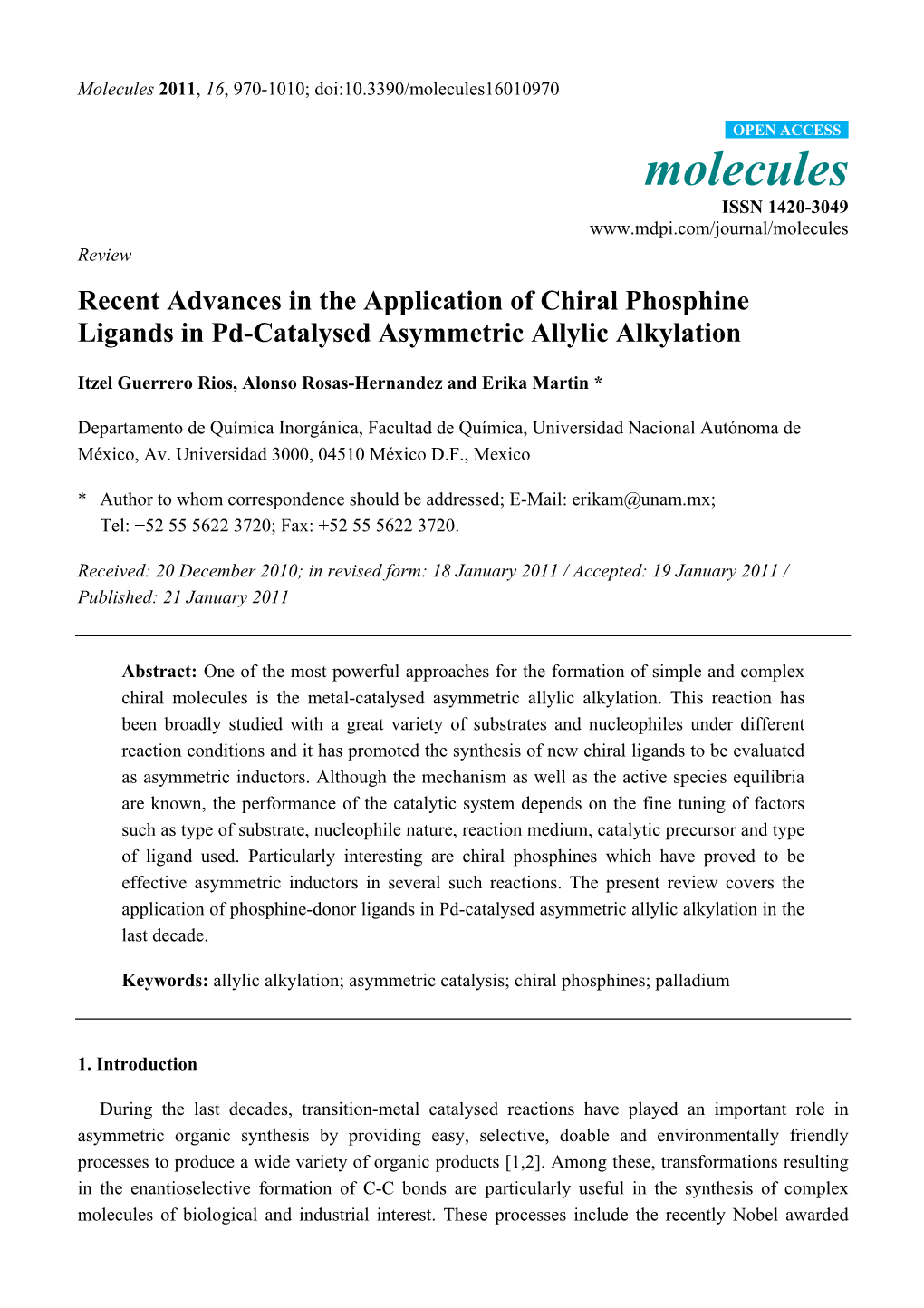 Recent Advances in the Application of Chiral Phosphine Ligands in Pd-Catalysed Asymmetric Allylic Alkylation