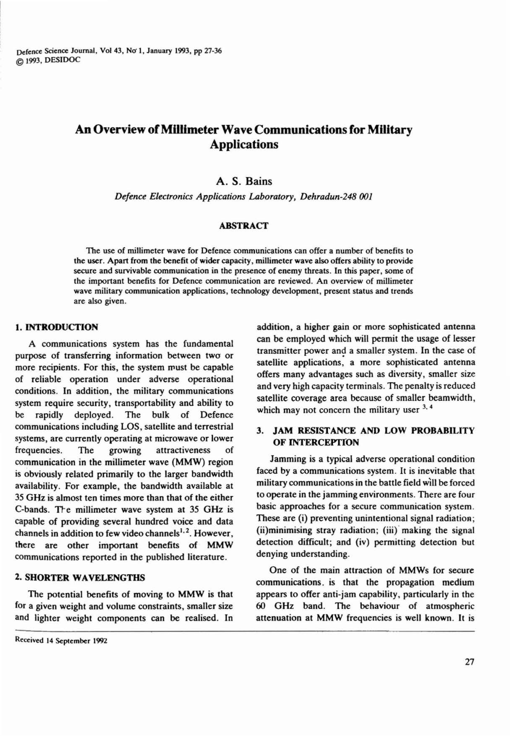 An Overview Ofmulimeter Wave Communications for Military Applications