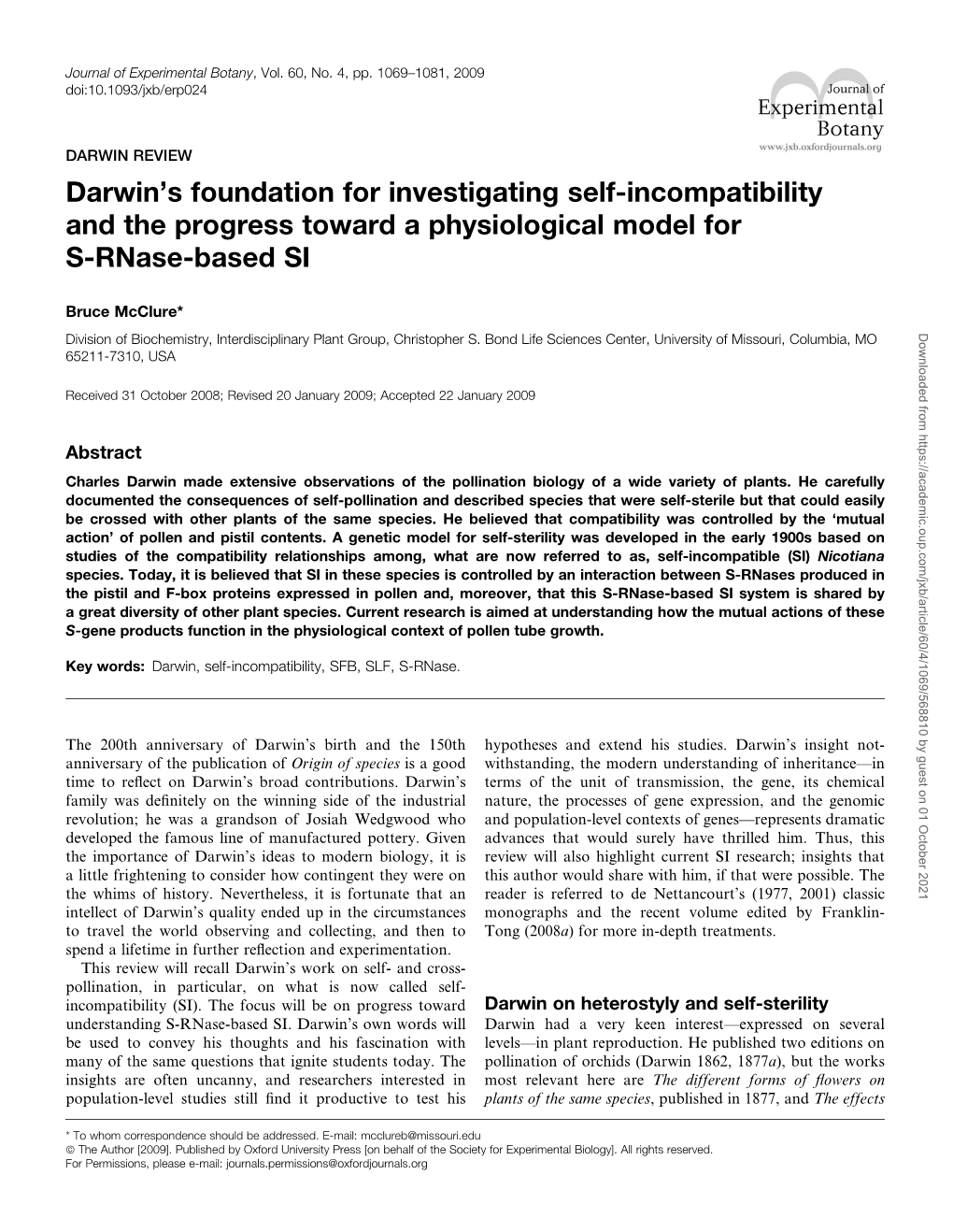 Darwin's Foundation for Investigating Self-Incompatibility and The