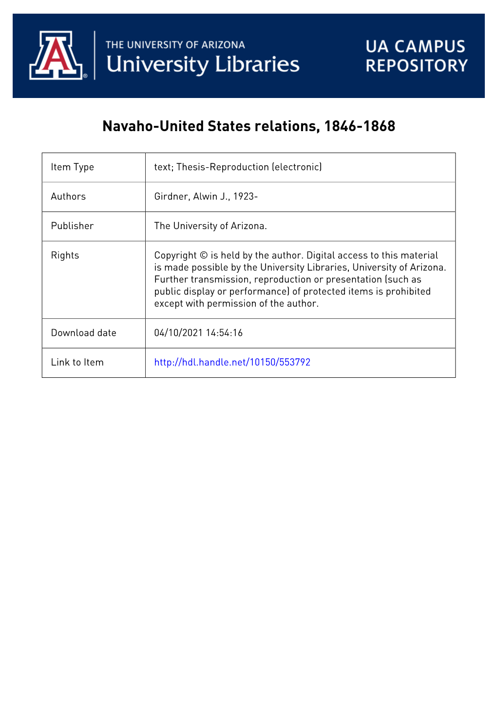 NAVAHO-UNITED STATES RELATIONS, 1846-1868 Alwin