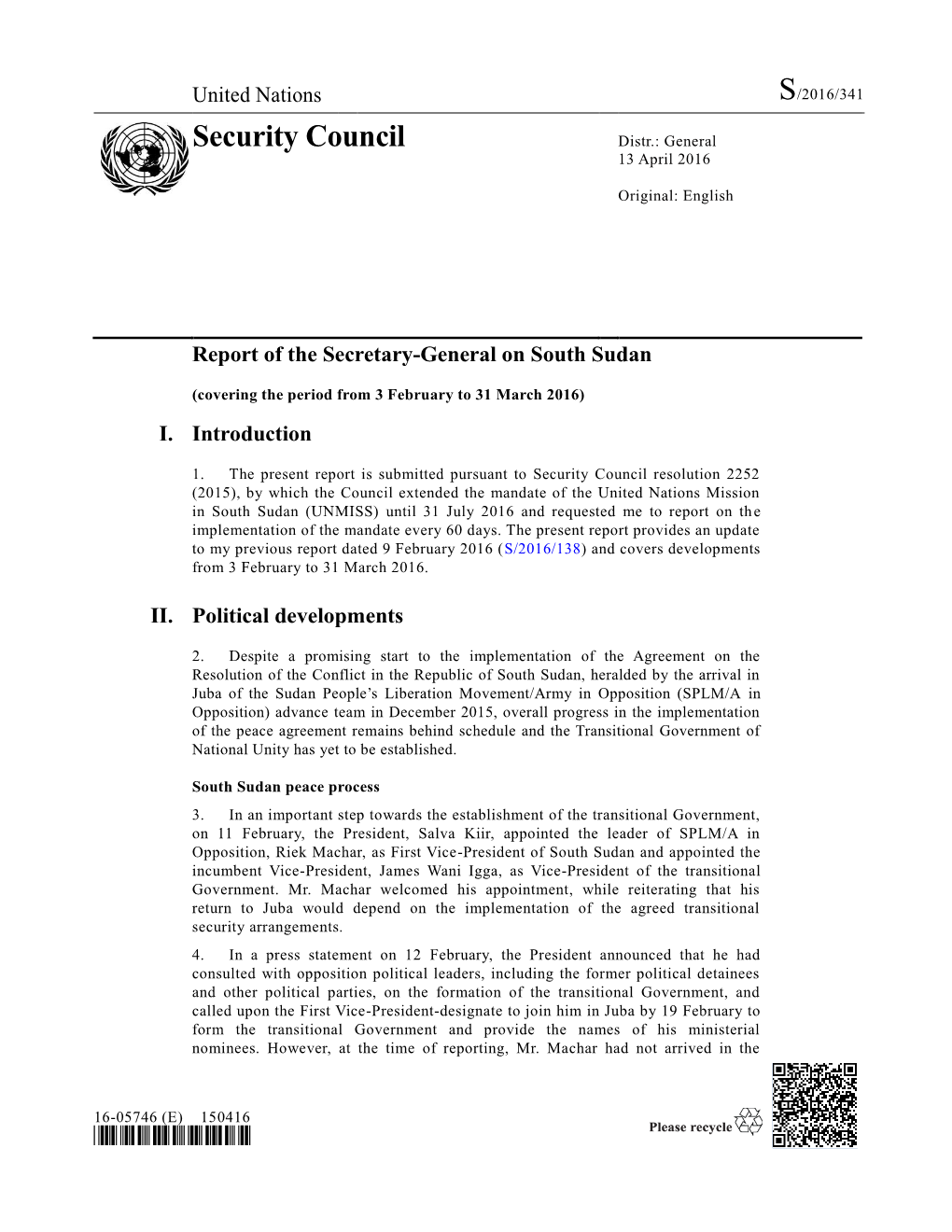 Secretary-General's Report on South Sudan (April 2016)