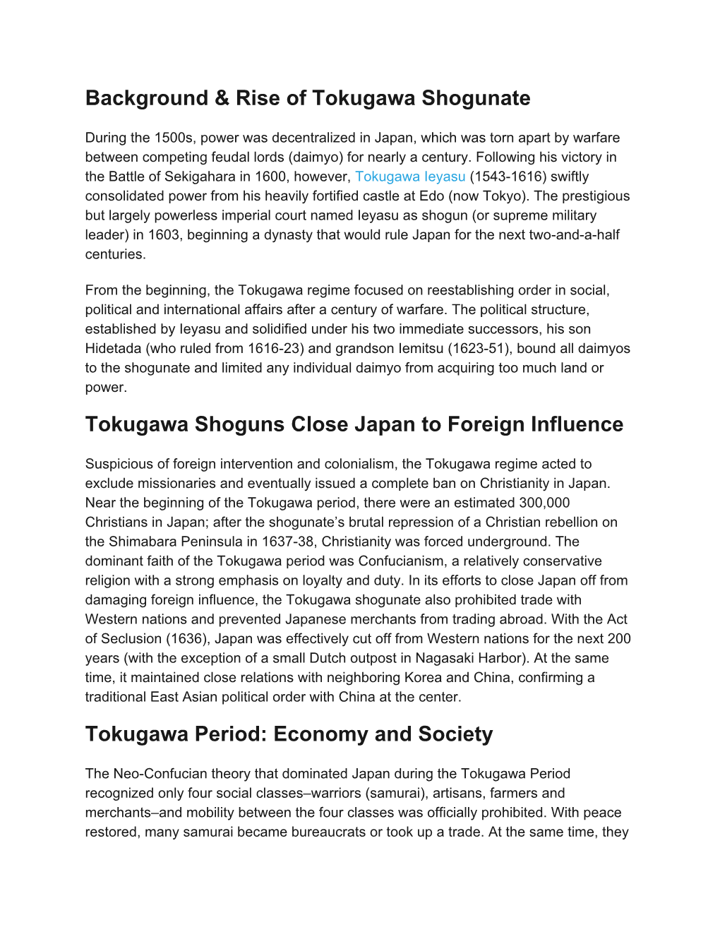 Background & Rise of Tokugawa Shogunate