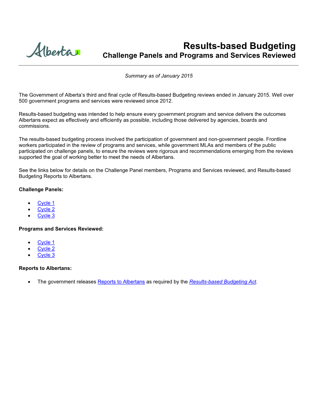 Results-Based Budgeting Challenge Panels and Programs and Services Reviewed