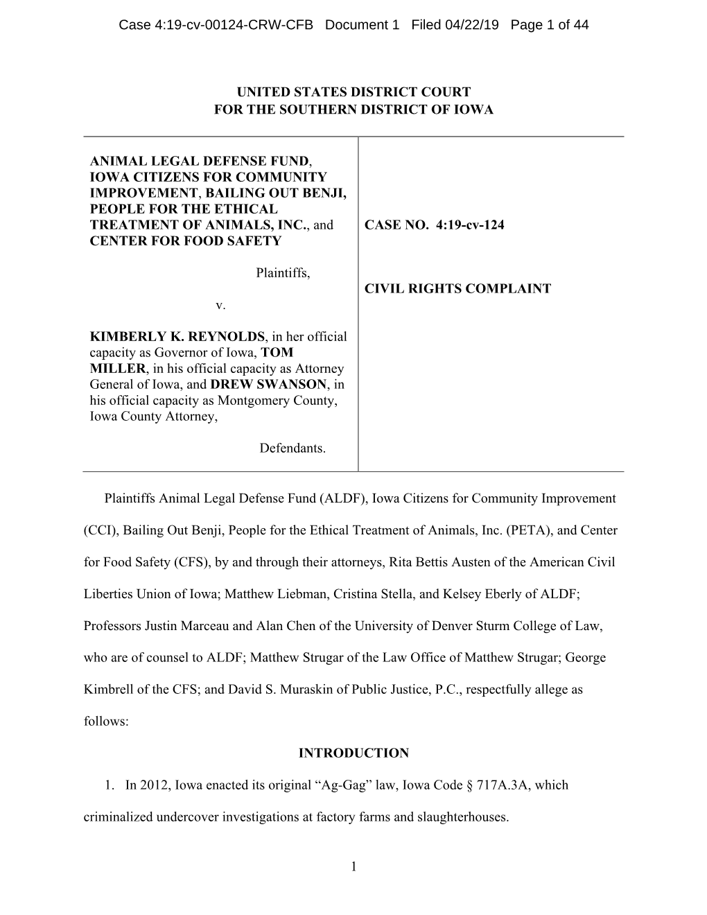 Case 4:19-Cv-00124-CRW-CFB Document 1 Filed 04/22/19 Page 1 of 44