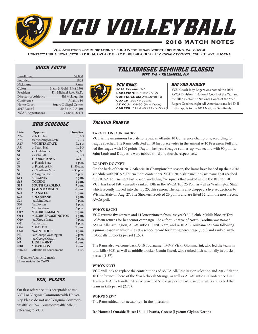 VCU VOLLEYBALL 2018 MATCH NOTES VCU Athletics Communications • 1300 West Broad Street, Richmond, Va