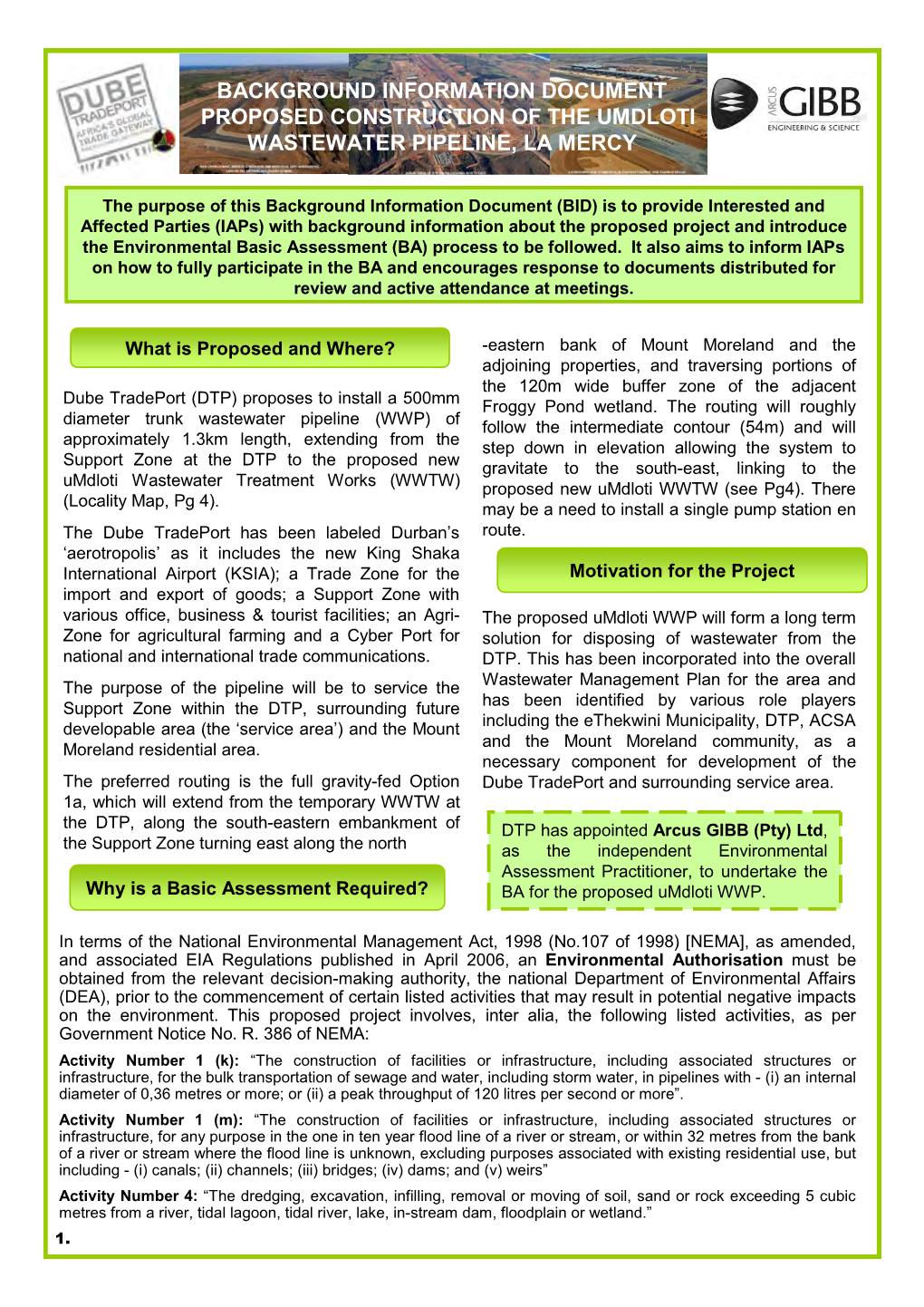 Umdloti Waste Water Pipeline Background Information Document