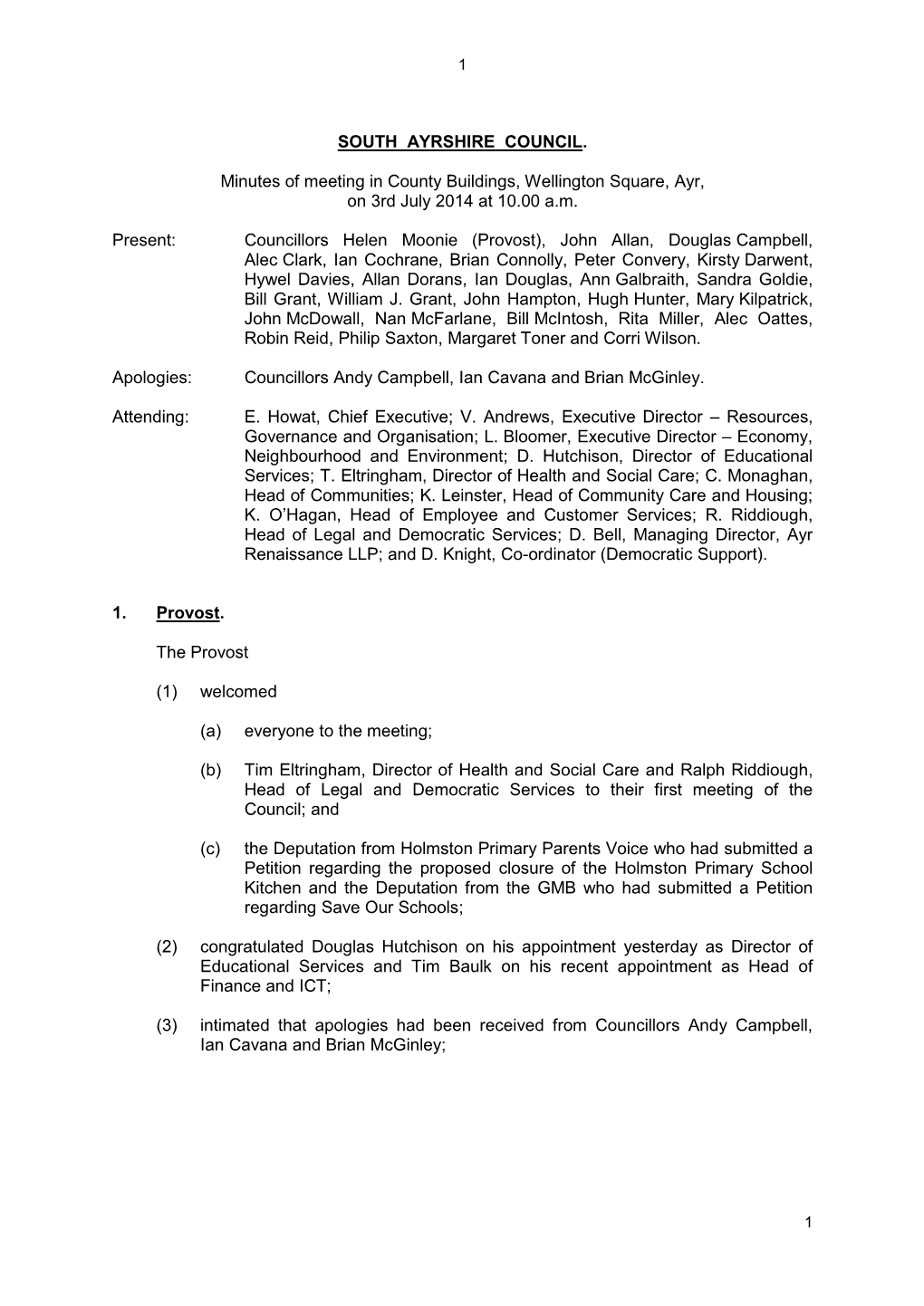 SOUTH AYRSHIRE COUNCIL. Minutes of Meeting in County