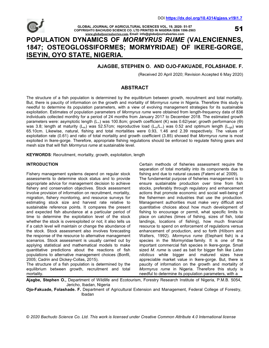 Population Dynamics of Mormyrus Rume (Valenciennes, 1847; Osteoglossiformes; Mormyridae) of Ikere-Gorge, Iseyin, Oyo State, Nigeria