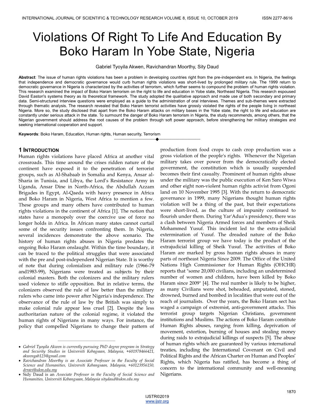 Violations of Right to Life and Education by Boko Haram in Yobe State, Nigeria