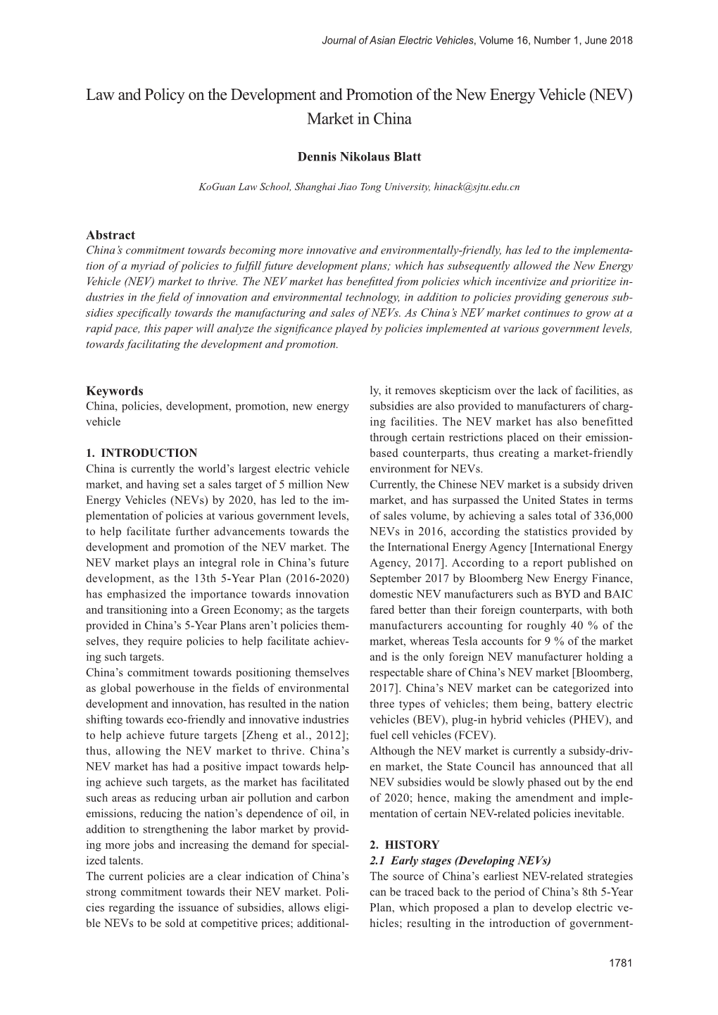 Law and Policy on the Development and Promotion of the New Energy Vehicle (NEV) Market in China