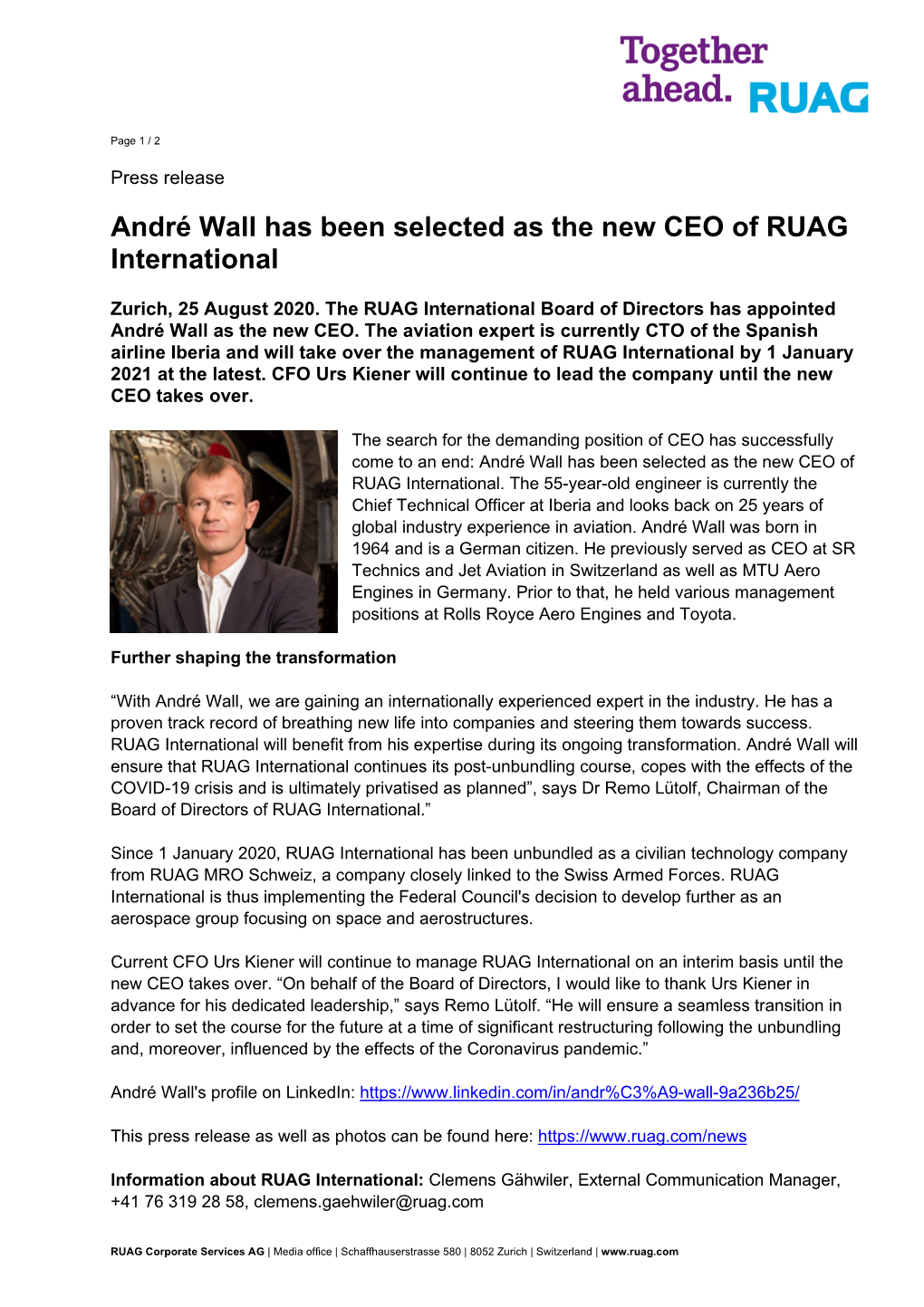 André Wall Has Been Selected As the New CEO of RUAG International