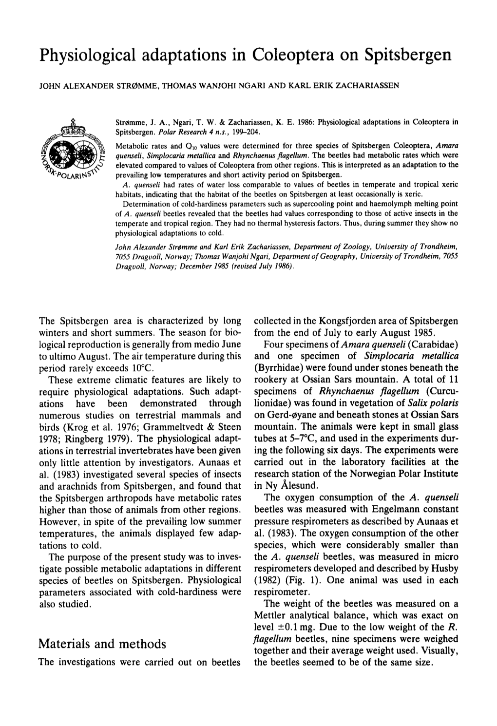 Physiological Adaptations in Coleoptera on Spitsbergen