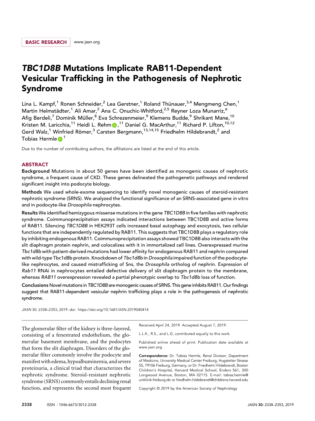 TBC1D8B Mutations Implicate RAB11-Dependent Vesicular Trafﬁcking in the Pathogenesis of Nephrotic Syndrome