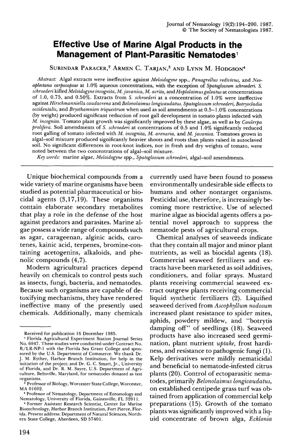 Effective Use of Marine Algal Products in the Management of Plant-Parasitic Nematodes 1