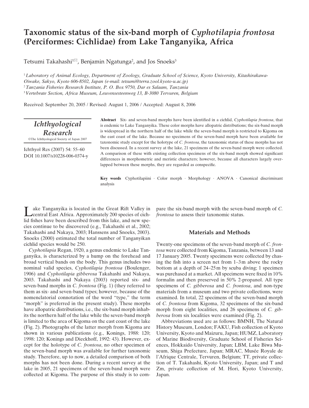 Taxonomic Status of the Six-Band Morph of Cyphotilapia Frontosa (Perciformes: Cichlidae) from Lake Tanganyika, Africa