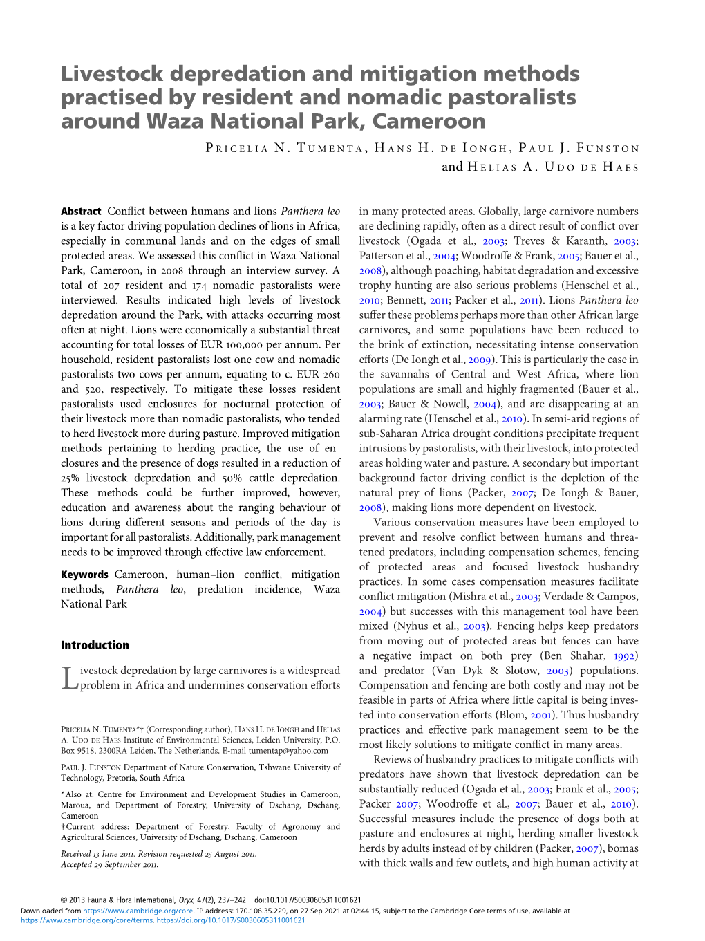 Livestock Depredation and Mitigation Methods Practised by Resident and Nomadic Pastoralists Around Waza National Park, Cameroon