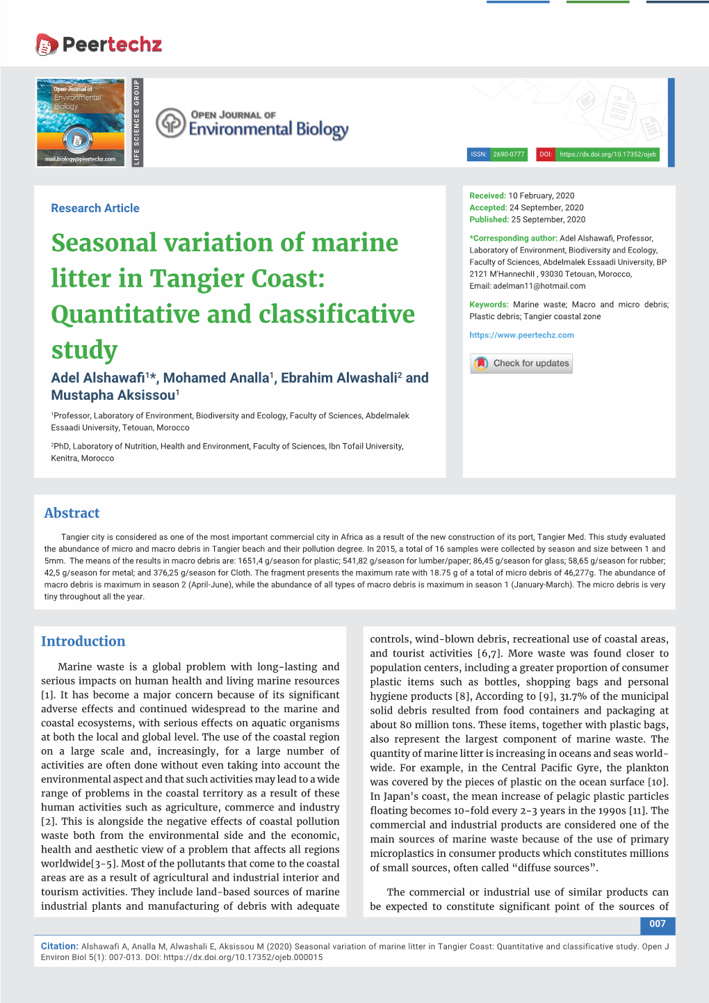 Seasonal Variation of Marine Litter in Tangier Coast: Quantitative and Classificative Study