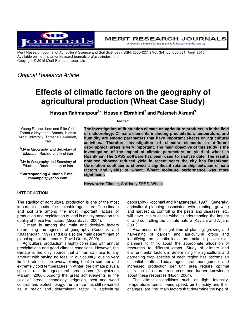 Effects of Climatic Factors on the Geography of Agricultural Production (Wheat Case Study)