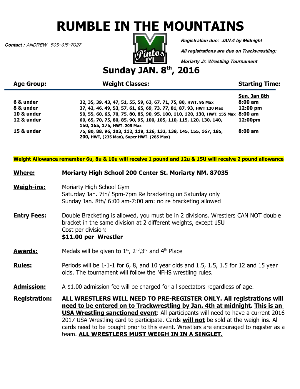 Age Group: Weight Classes: Starting Time