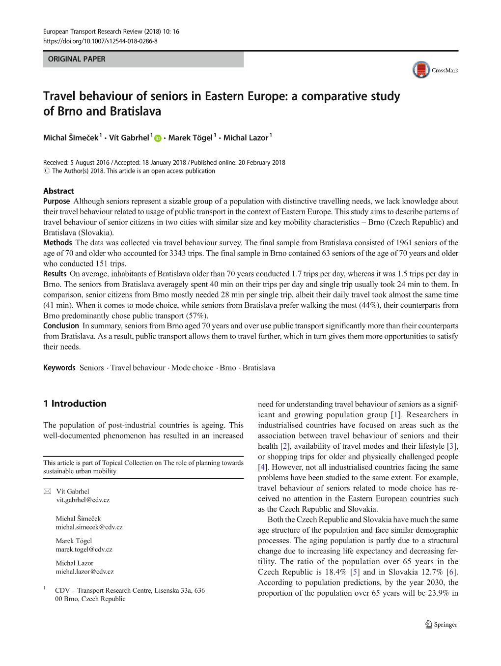 Travel Behaviour of Seniors in Eastern Europe: a Comparative Study of Brno and Bratislava