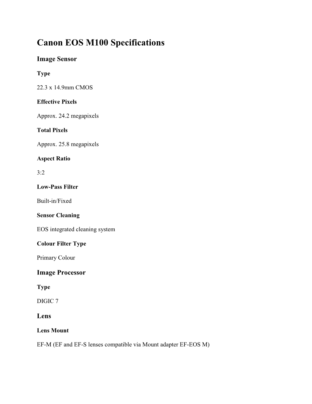 Canon EOS M100 Specifications