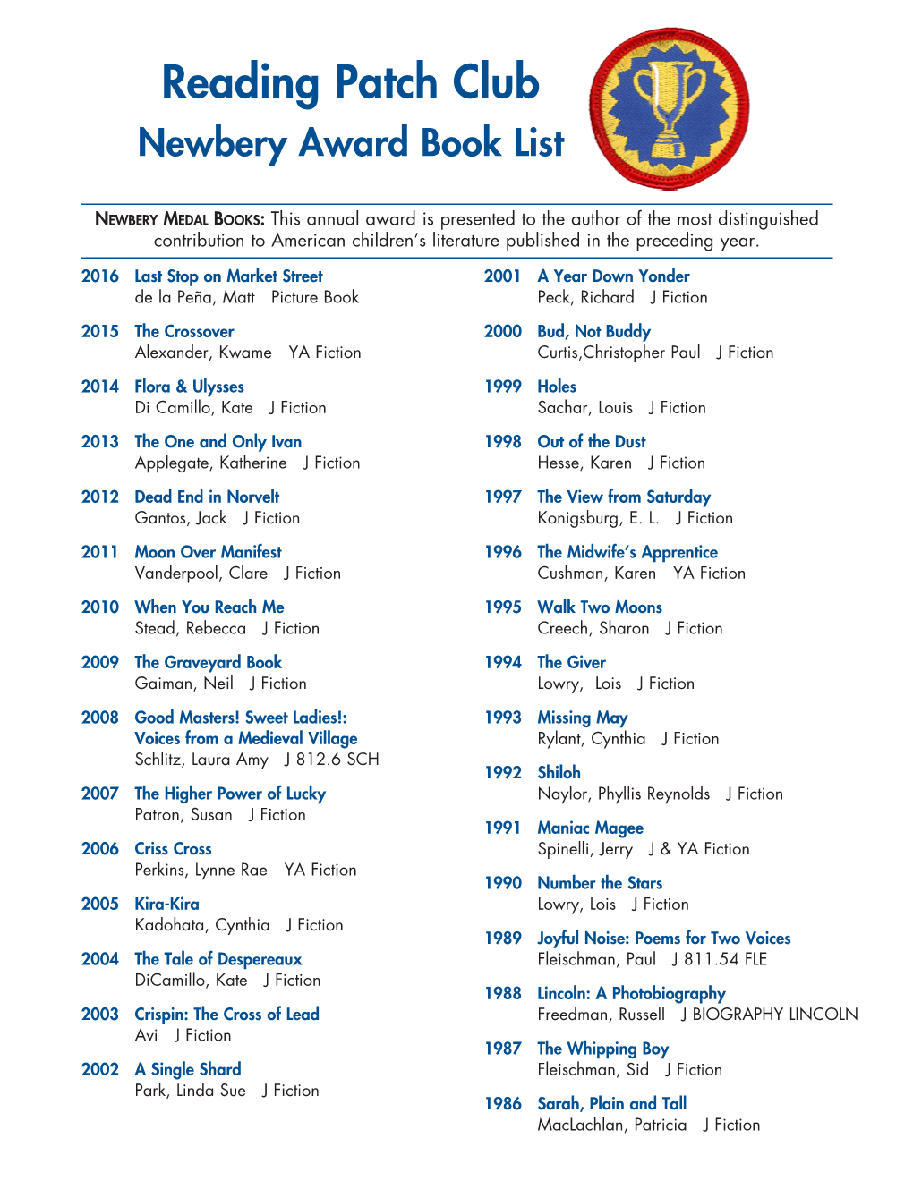 Reading Patch Club Newbery Award Book List