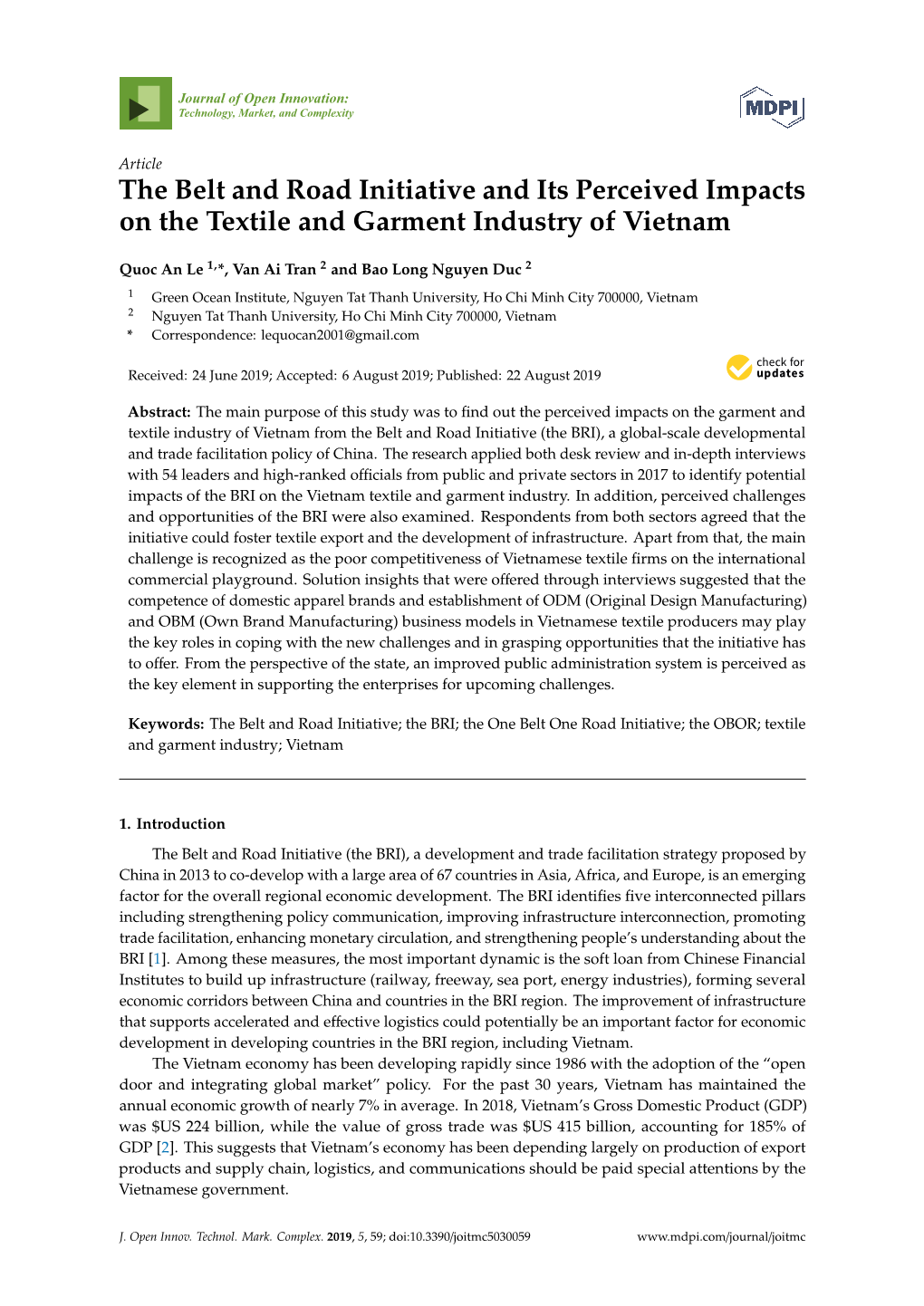 The Belt and Road Initiative and Its Perceived Impacts on the Textile and Garment Industry of Vietnam