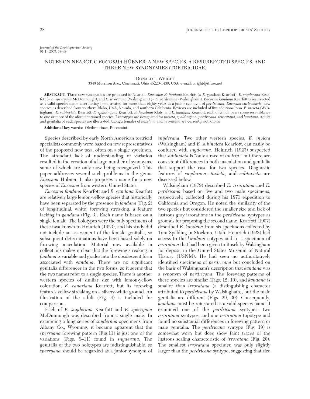 Notes on Nearctic Eucosma Hübner: a New Species, a Resurrected Species, and Three New Synonymies (Tortricidae)