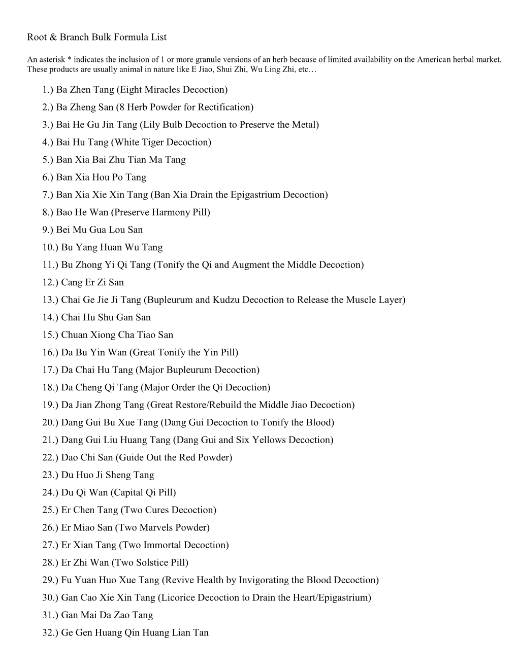 Root & Branch Bulk Formula List 1.) Ba Zhen Tang (Eight Miracles