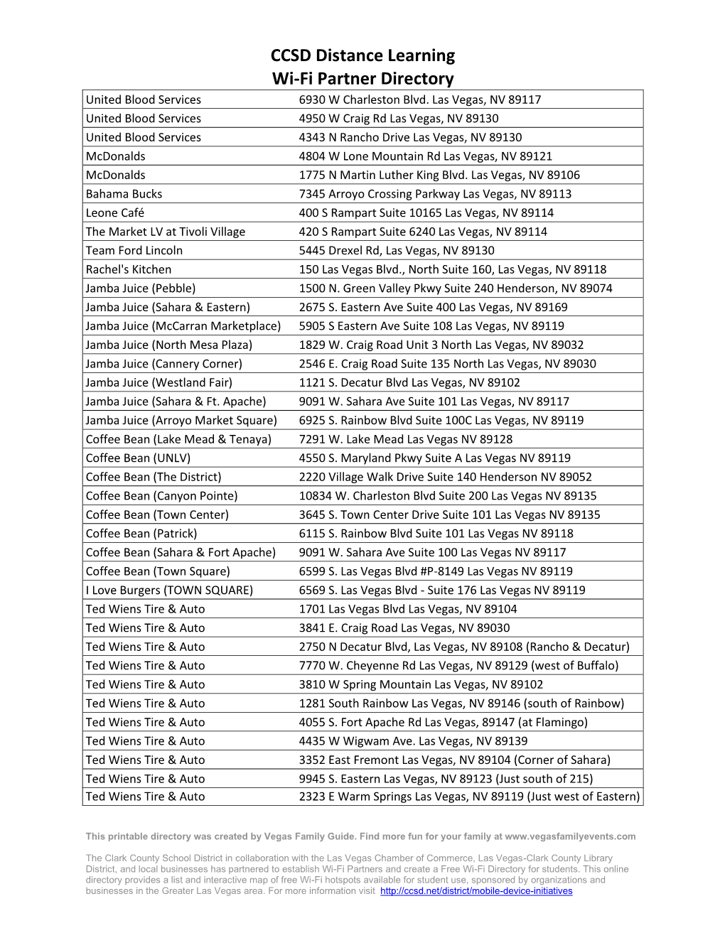 CCSD Distance Learning Wi-Fi Partner Directory United Blood Services 6930 W Charleston Blvd