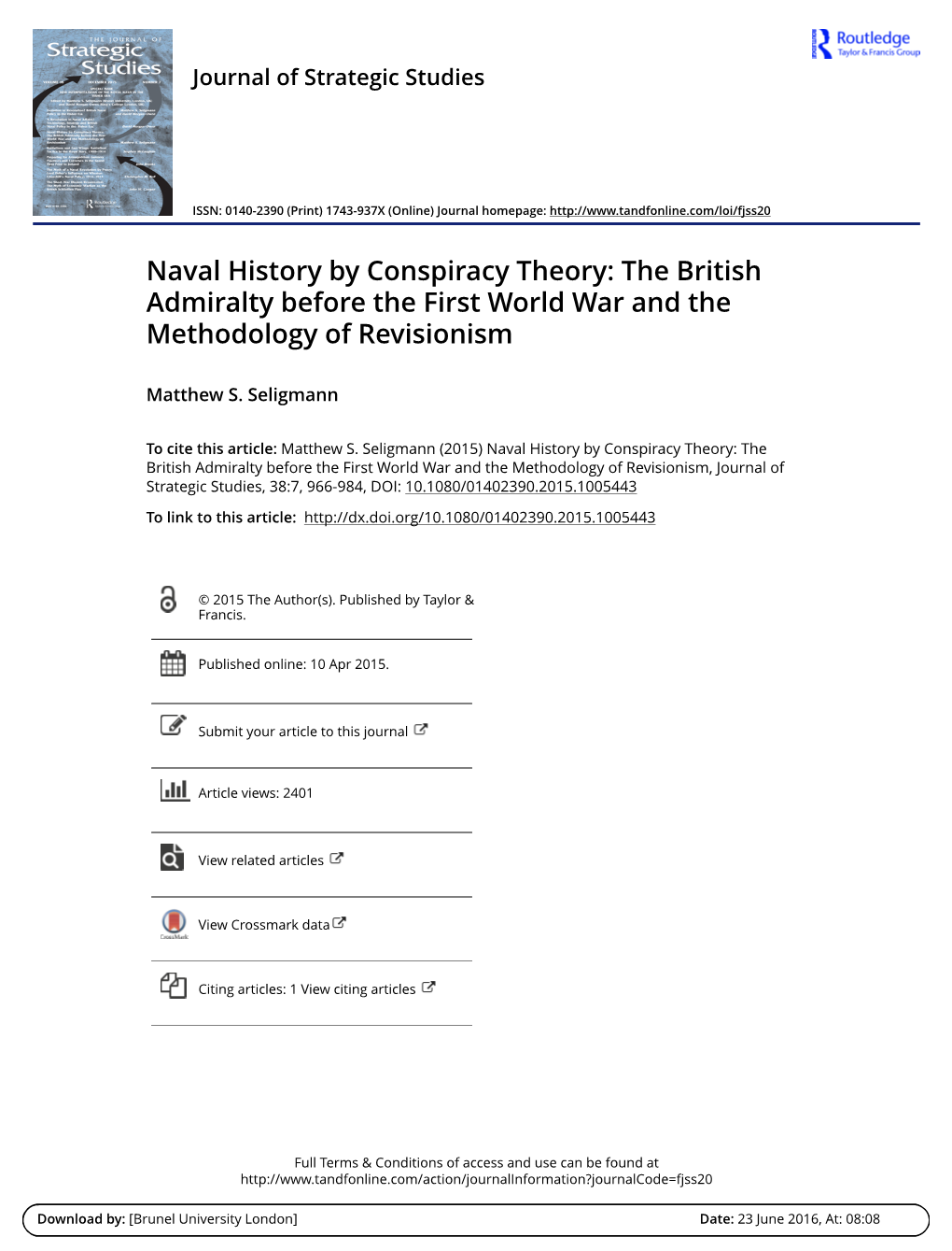 Naval History by Conspiracy Theory: the British Admiralty Before the First World War and the Methodology of Revisionism