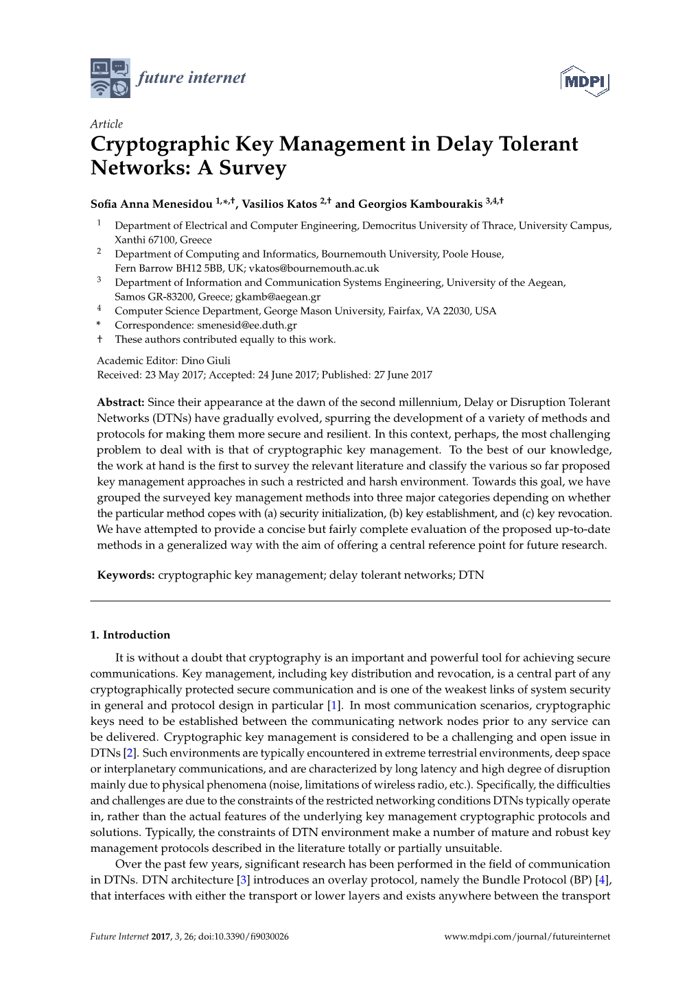 Cryptographic Key Management in Delay Tolerant Networks: a Survey