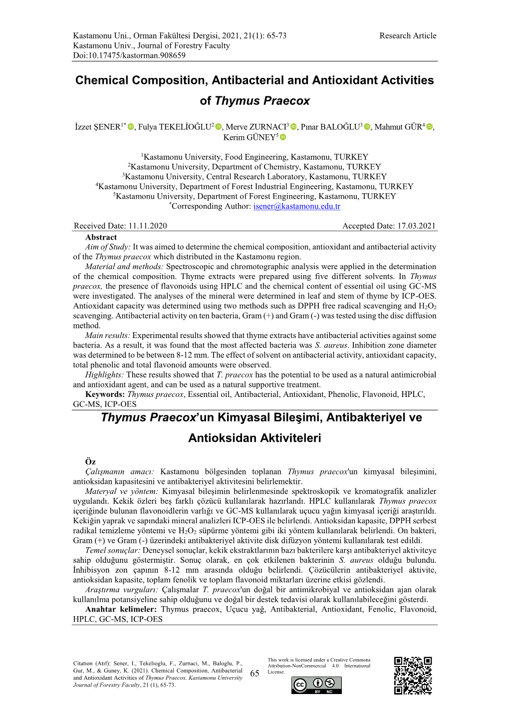 Chemical Composition, Antibacterial and Antioxidant Activities of Thymus Praecox