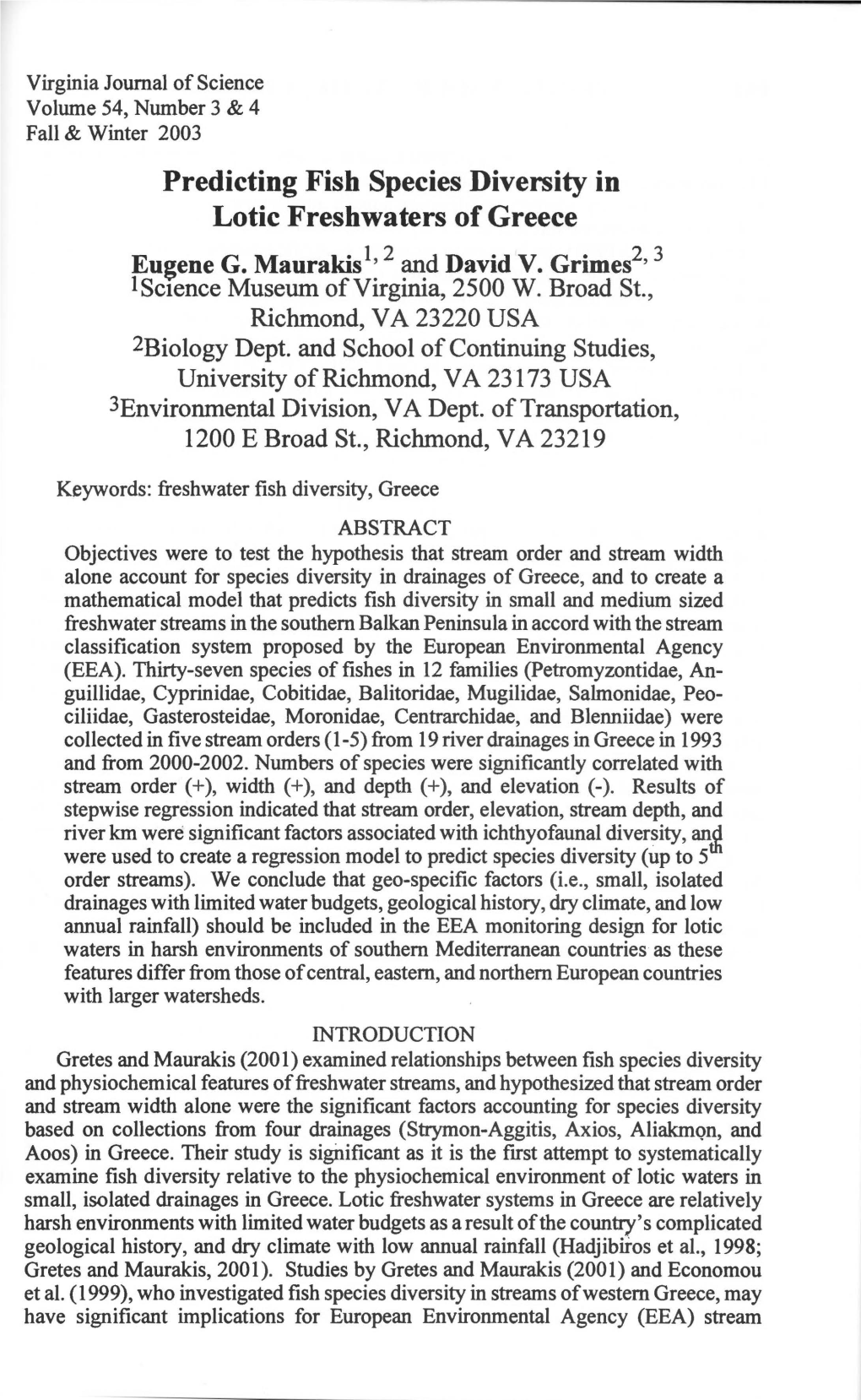 Predicting Fish Species Diversity in Lotic Freshwaters of Greece 1 2 2 3 Eugene G