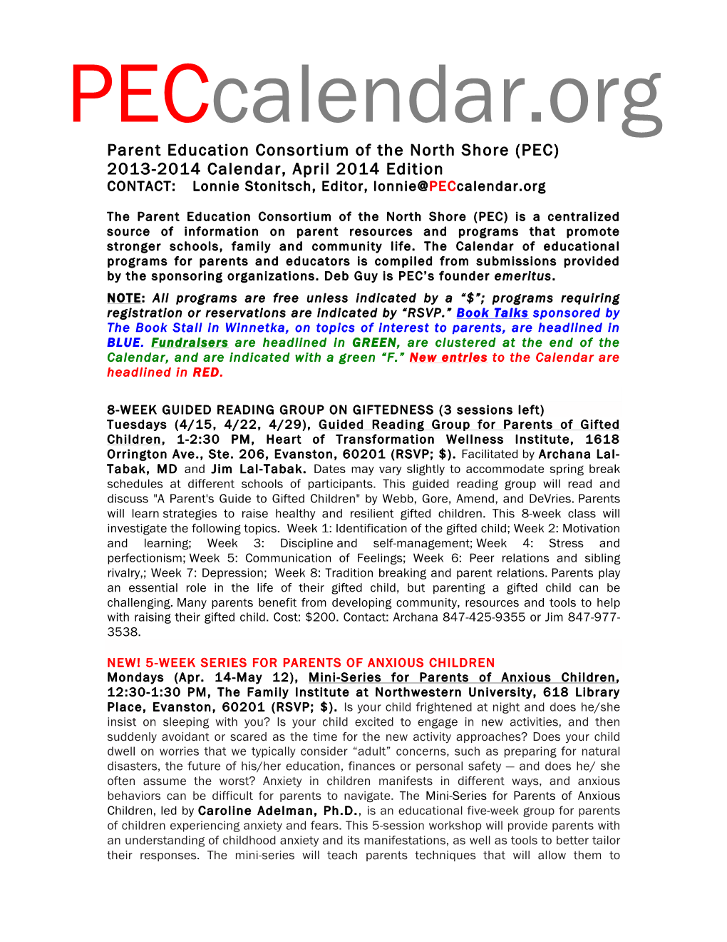 Parent Education Consortium of the North Shore (PEC) 2013-2014 Calendar, April 2014 Edition CONTACT: Lonnie Stonitsch, Editor, Lonnie@Peccalendar.Org