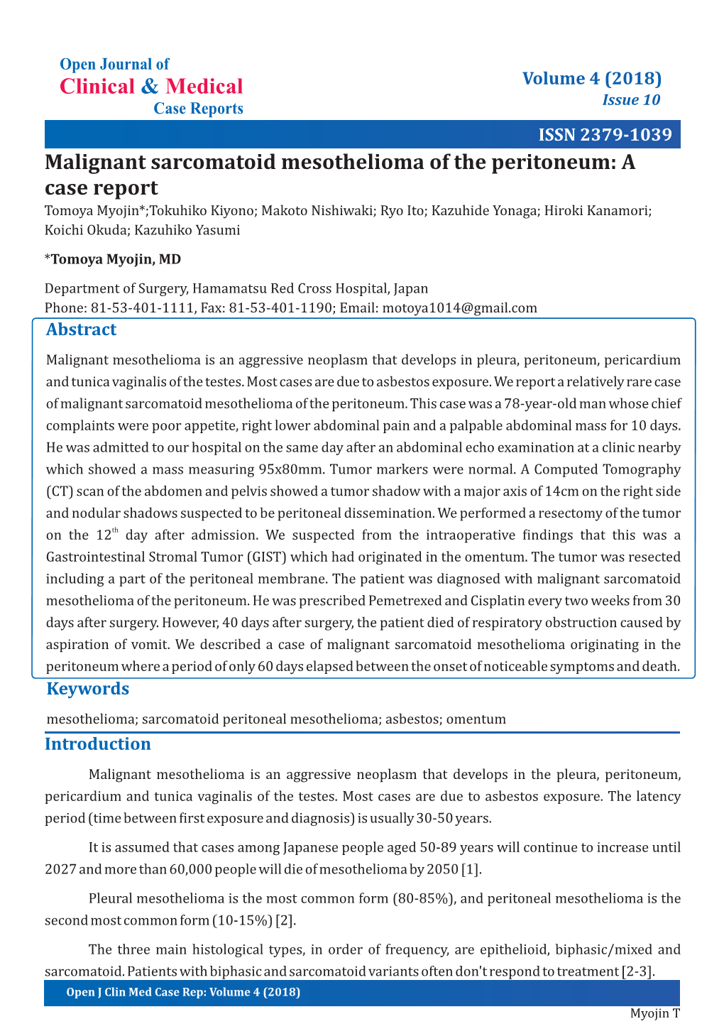 Malignant Sarcomatoid Mesothelioma of the Peritoneum