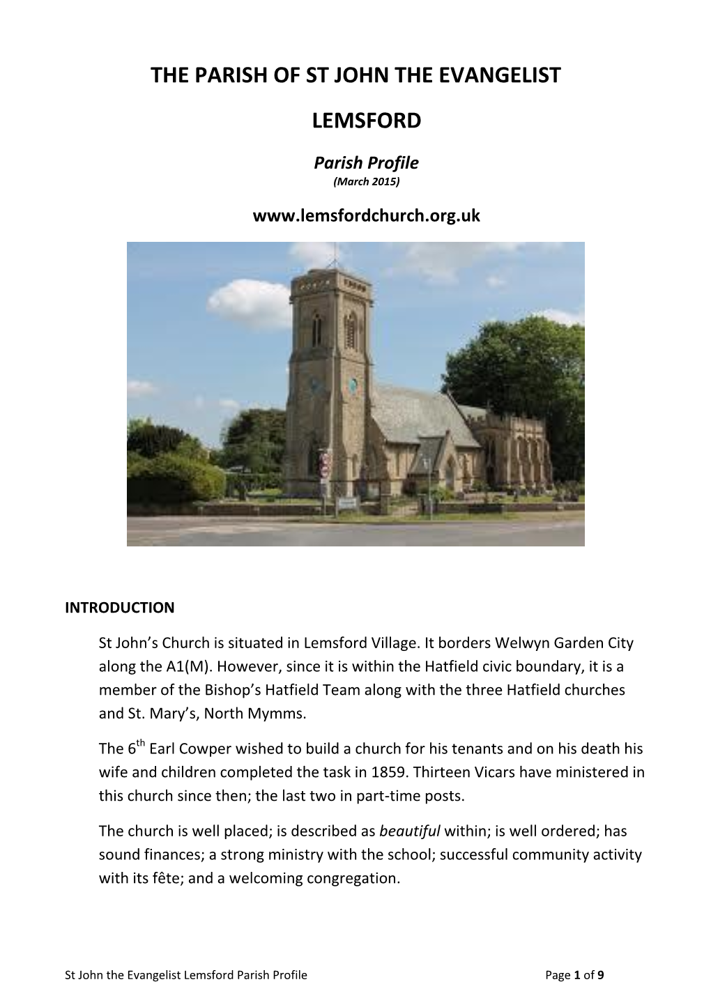 THE PARISH of ST JOHN the EVANGELIST LEMSFORD Parish