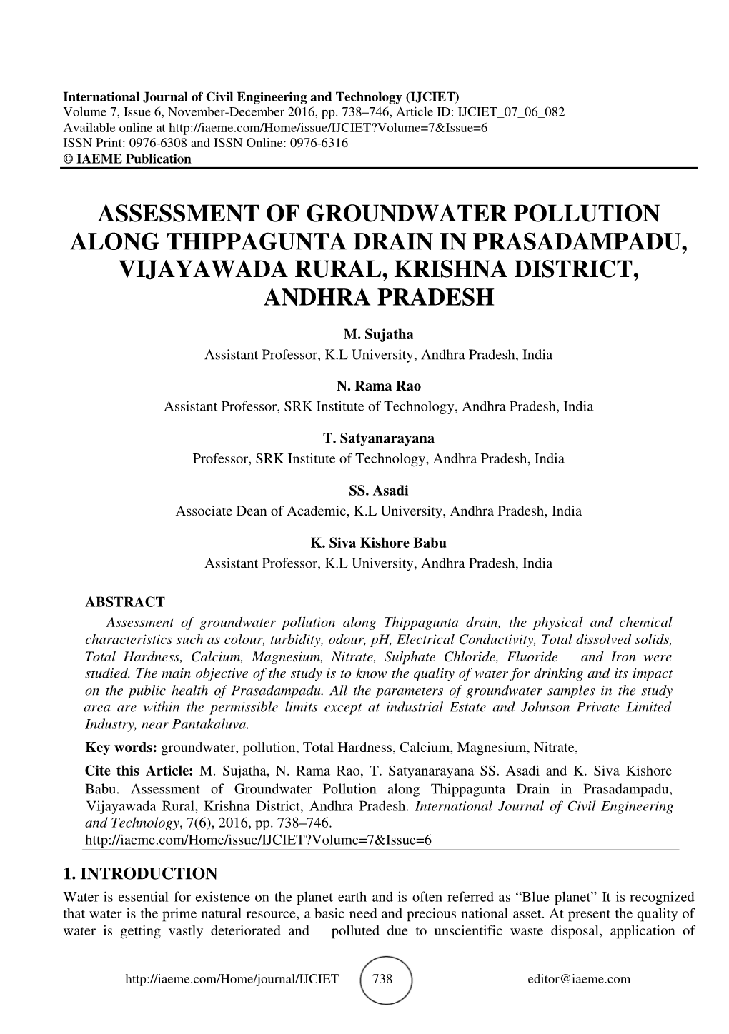 Assessment of Groundwater Pollution Along Thippagunta Drain in Prasadampadu, Vijayawada Rural, Krishna District, Andhra Pradesh