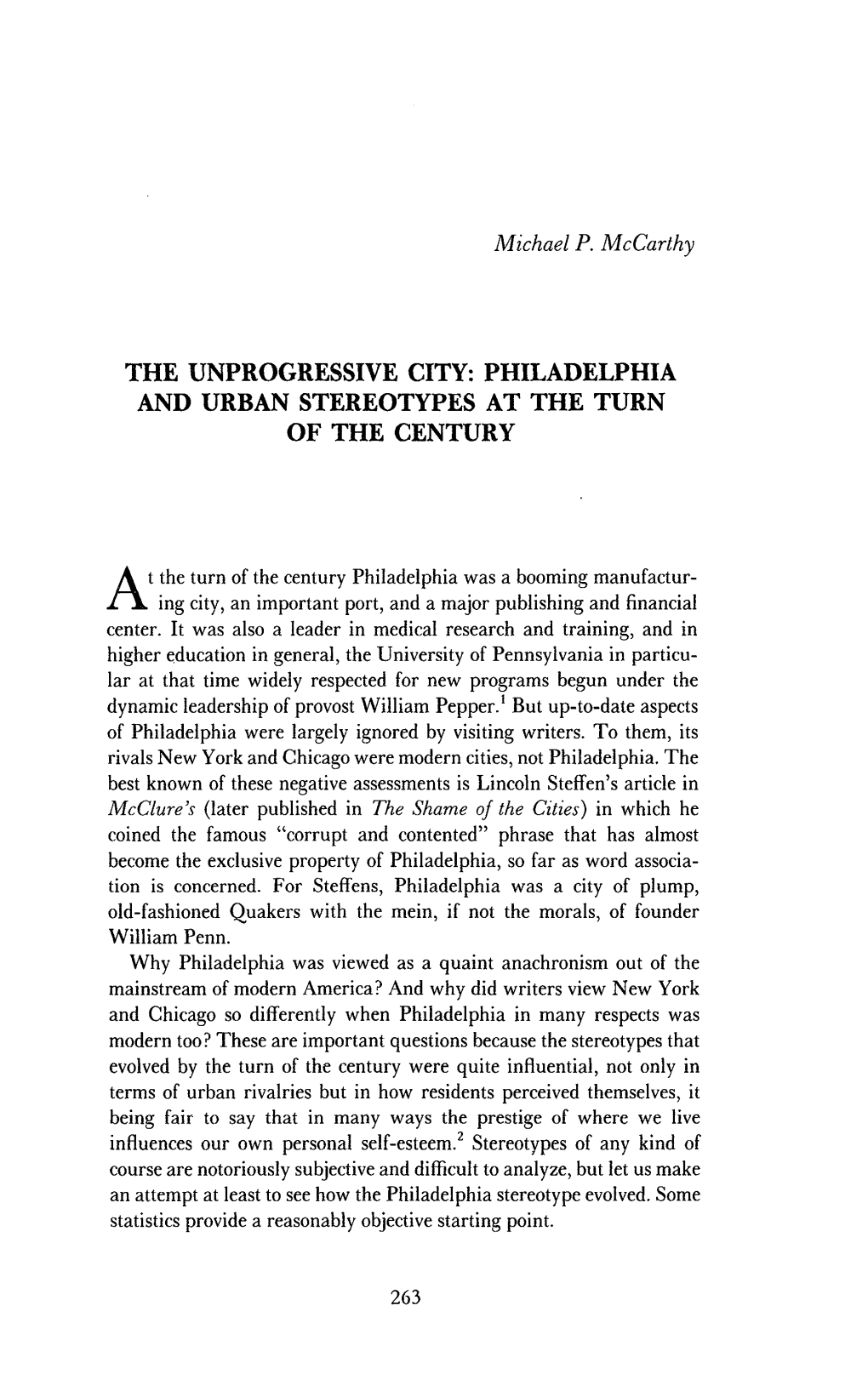 Philadelphia and Urban Stereotypes at the Turn of the Century