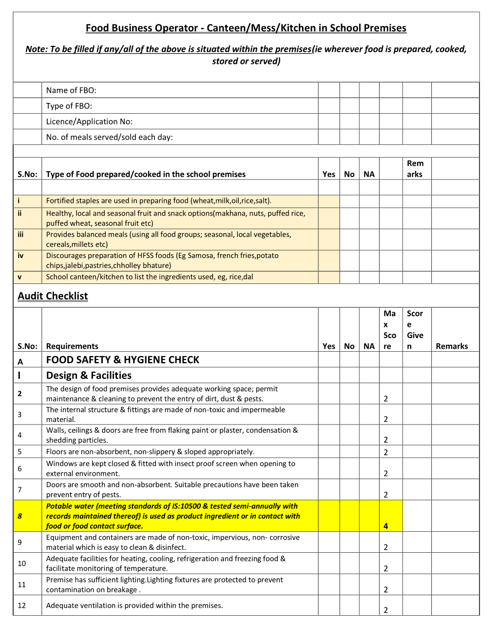 Canteen/Mess/Kitchen in School Premises Audit Checklist FOOD