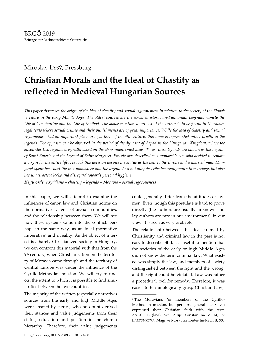 Christian Morals and the Ideal of Chastity As Reflected in Medieval Hungarian Sources