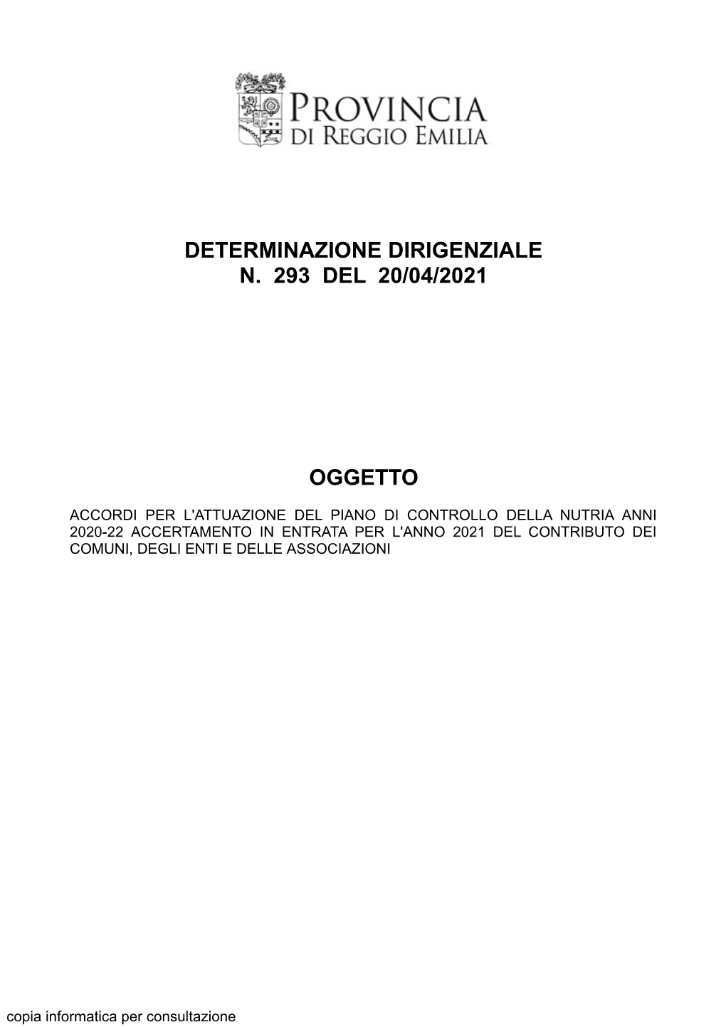 Determinazione Dirigenziale N. 293 Del 20/04/2021 Oggetto
