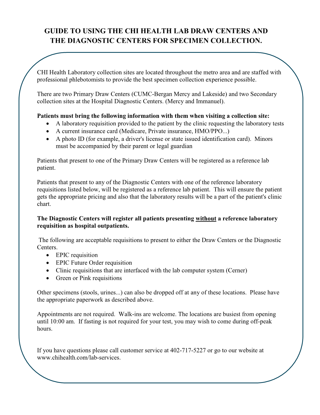 Guide to Using the Chi Health Lab Draw Centers and the Diagnostic Centers for Specimen Collection